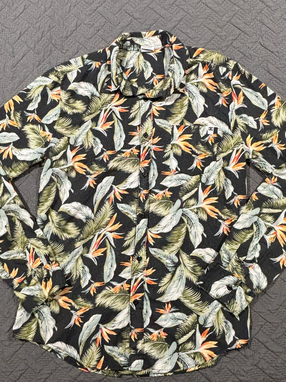 DC Black Tropical Floral Button-Down Shirt with Green and Orange Accents
